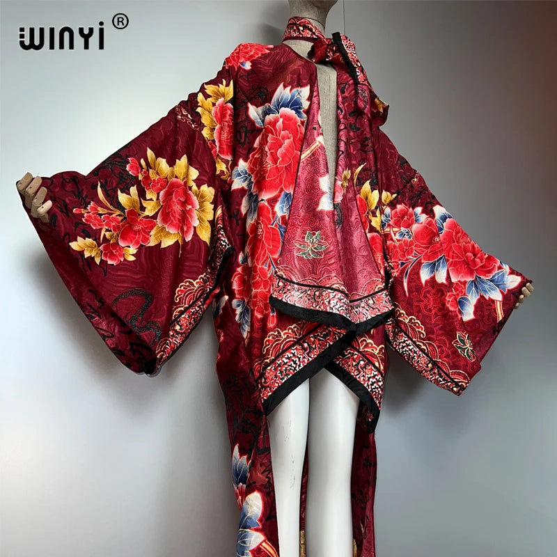 WINYI Summer Beach Wear Cover Up Lady Irregular cardigan printing elegant Silky and skin-friendly sexy Holiday Kimono maxi dress