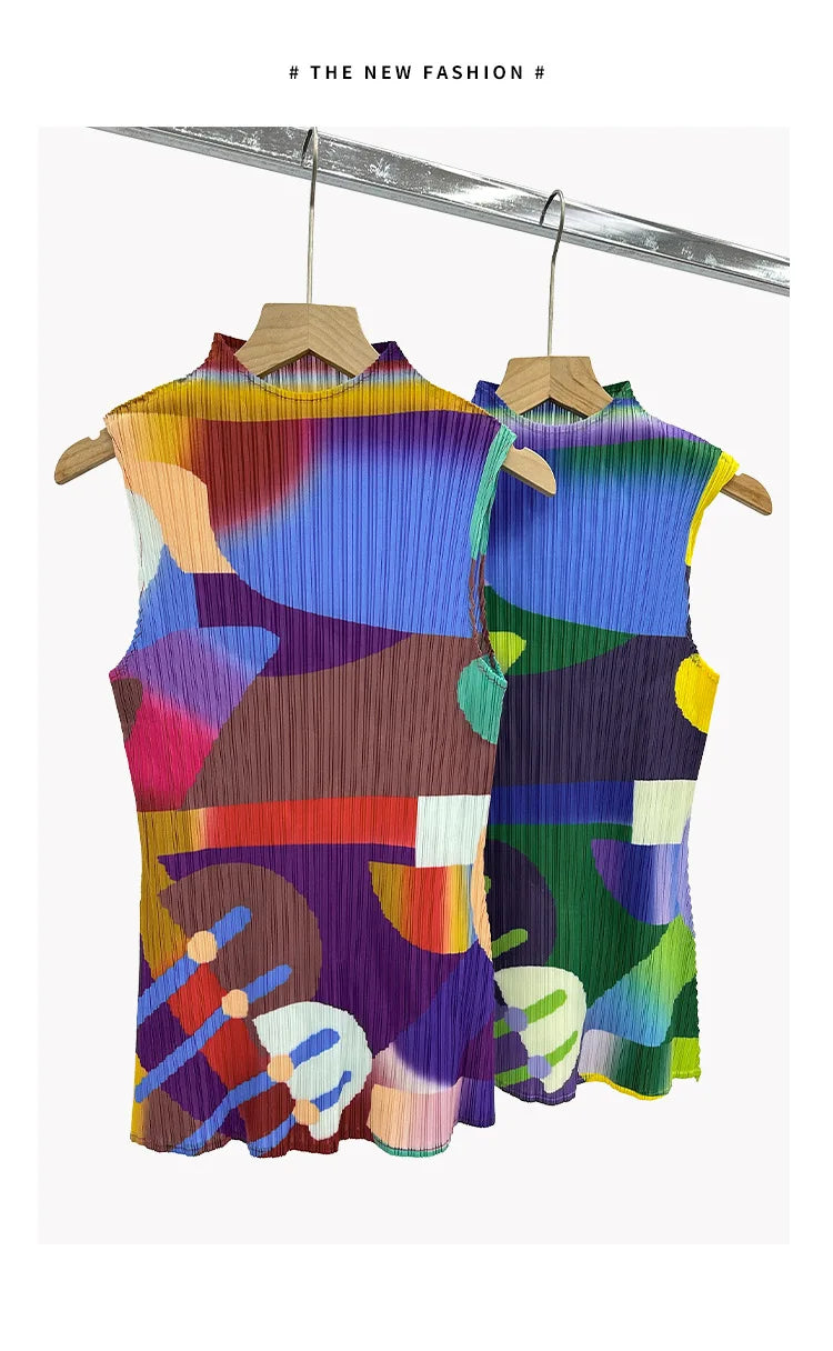 Miyake Pleated Geometric Playground Printed High-neck Sleeveless Top
