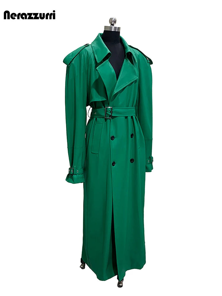 Nerazzurri Autumn Extra Long Soft Green Oversized Pu Leather Trench Coat for Women Shoulder Pads Belt Double Breasted Overcoat