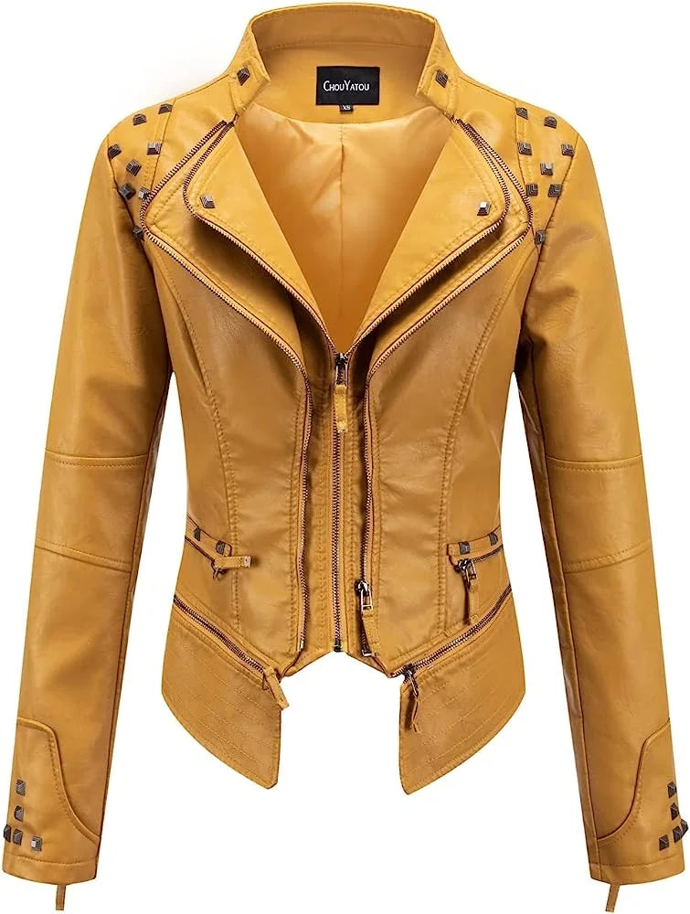 2025 2026 Winter- Spring New Style Suit Collar Rivet Waist Short Washed Pu Leather Jacket