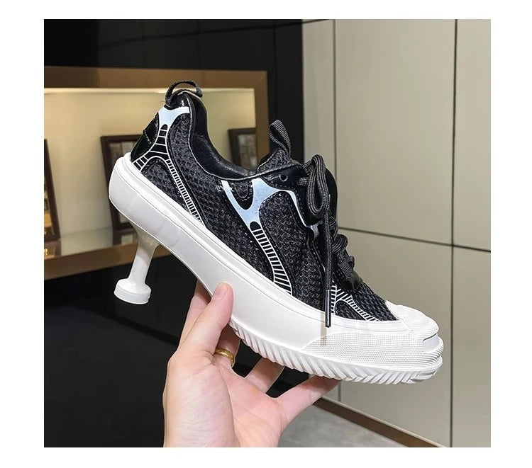 Summer Adult Girls High Heeled Dad Shoes Women Spring Versatile Breathable Lace up Casual Shoes Fashion Sports Mesh High Heels