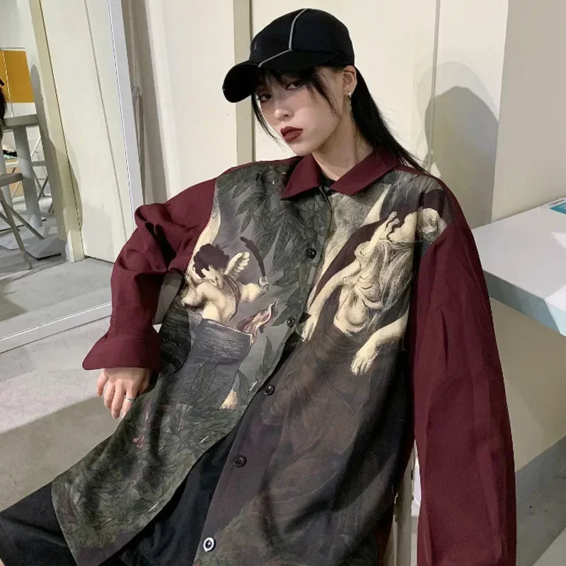 Vintage Blouse Shirt Japanese Clothes Oversized Blusas Fashion Print Women Blouses Long Sleeve Oversized Tops Men Clothes Blusas
