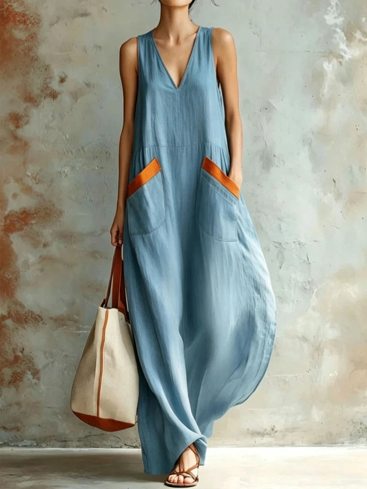 Women Boho Sleeveless Maxi Dress Deep V Neck Flowy Long Tank Dress Summer Casual A-line Loose Color Blocking Pockets Dresses