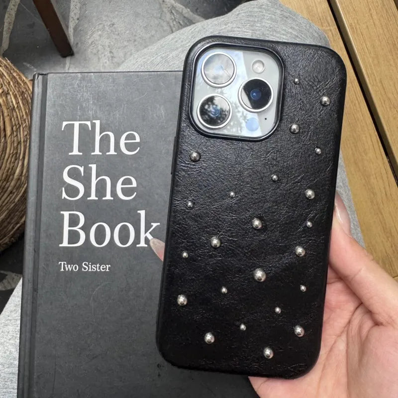 Chic iPhone case 17 16 15 14 Pro Max 17Air Case Fashion Advanced Black Leather Stereoscopic Small Round Bead Rivet Phone Cover