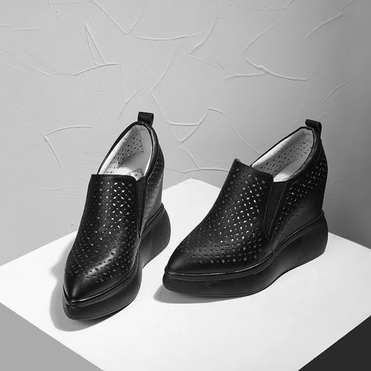 High Heels Hollow Out Shoes Casual Black White Women Sneakers Leisure Platform Shoes Slip-On Breathable Height Increasing Shoes
