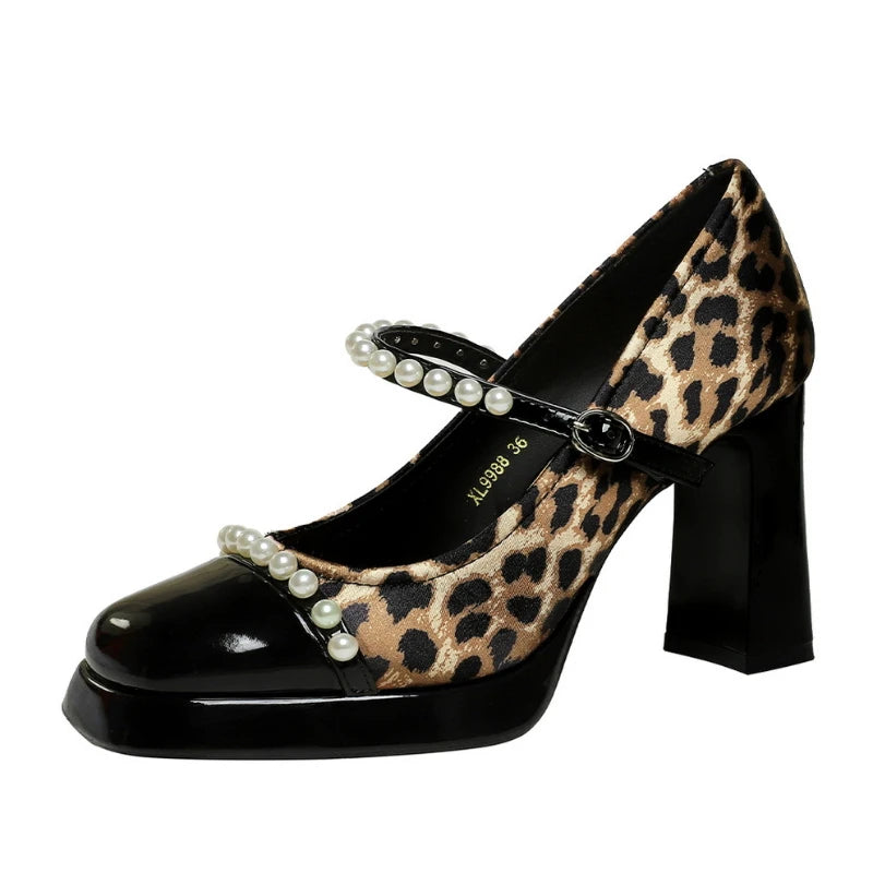 Retro Style Color Block Square Toe Thick Heel High Heels Women's Waterproof Platform Pearl Mary Jane Shoes Casual Fashion