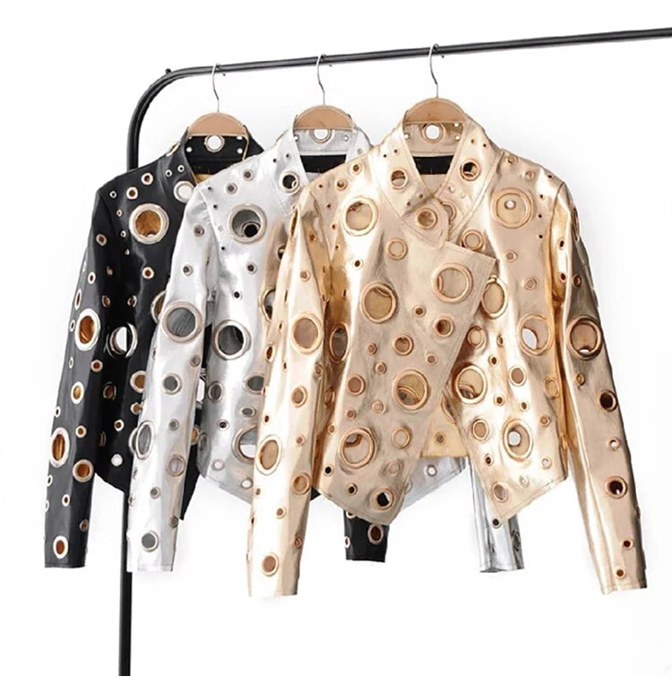 Rocker Runway Cut Out Short Faux Leather Jacket Golden Rivet Cool Stylish Designer Clothes Women European American Fashion 2022