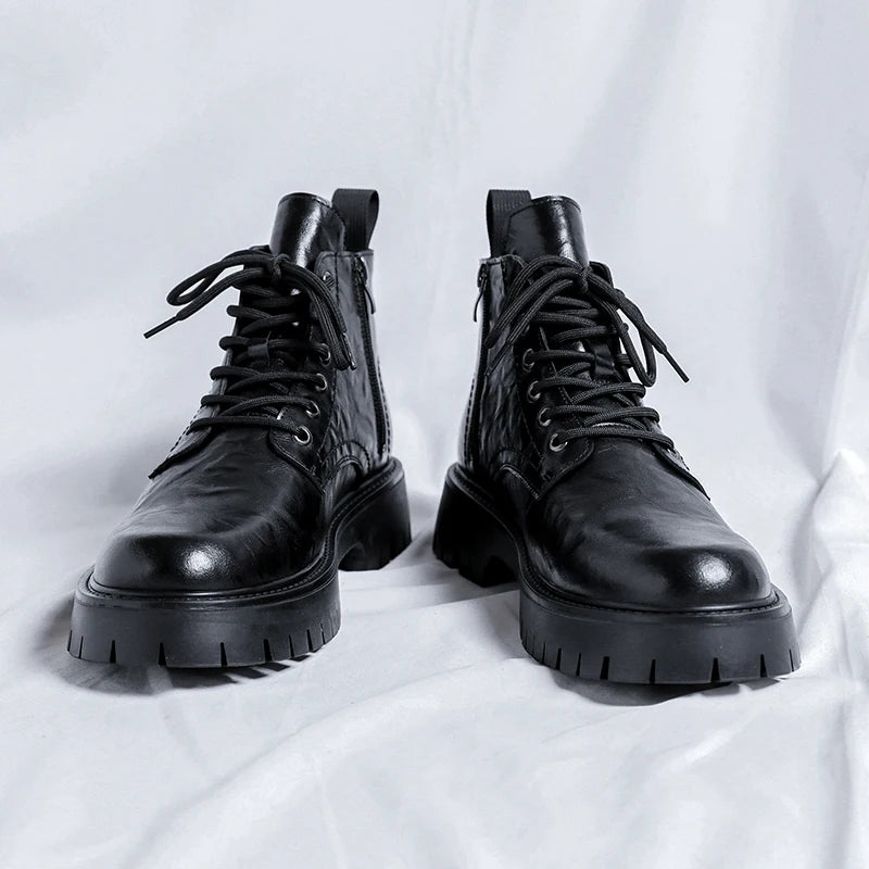 New Fashion Lace Up Casual Mens Boots Mens Thick Sole Ankle Boots Trendy Comfortable Mens Classic Black/Brown Motorcycle Boots