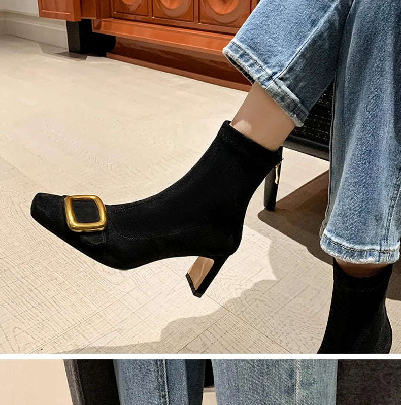 Ods Personalized Low-heeled Fashion Boots for Fall/winter New Pointed Metal Square Buckle Back Zipper Stretch Thin Ankle Boots42