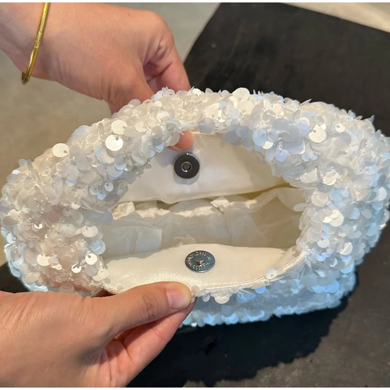 Luxury Pearlescent Sequin Elegant Clutch Purse,Niche French Designer Dumpling Cloud Hobo Evening Bag,Crescent Women Handbag