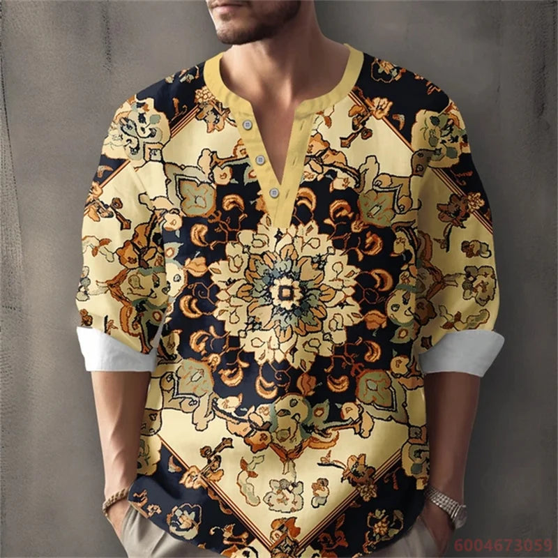 Men's Long-Sleeved Shirt with Retro Print, Stylish Design, Outdoor Casual Henley Collar, Loose Fit, Men's Vacation Top, XS-6XL.