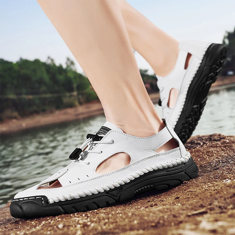 Summer Classic White Soft Bottom Handmade Stitching Beach Men's Shoes Outdoor Men's Comfortable Hollow Breathable Casual Shoes