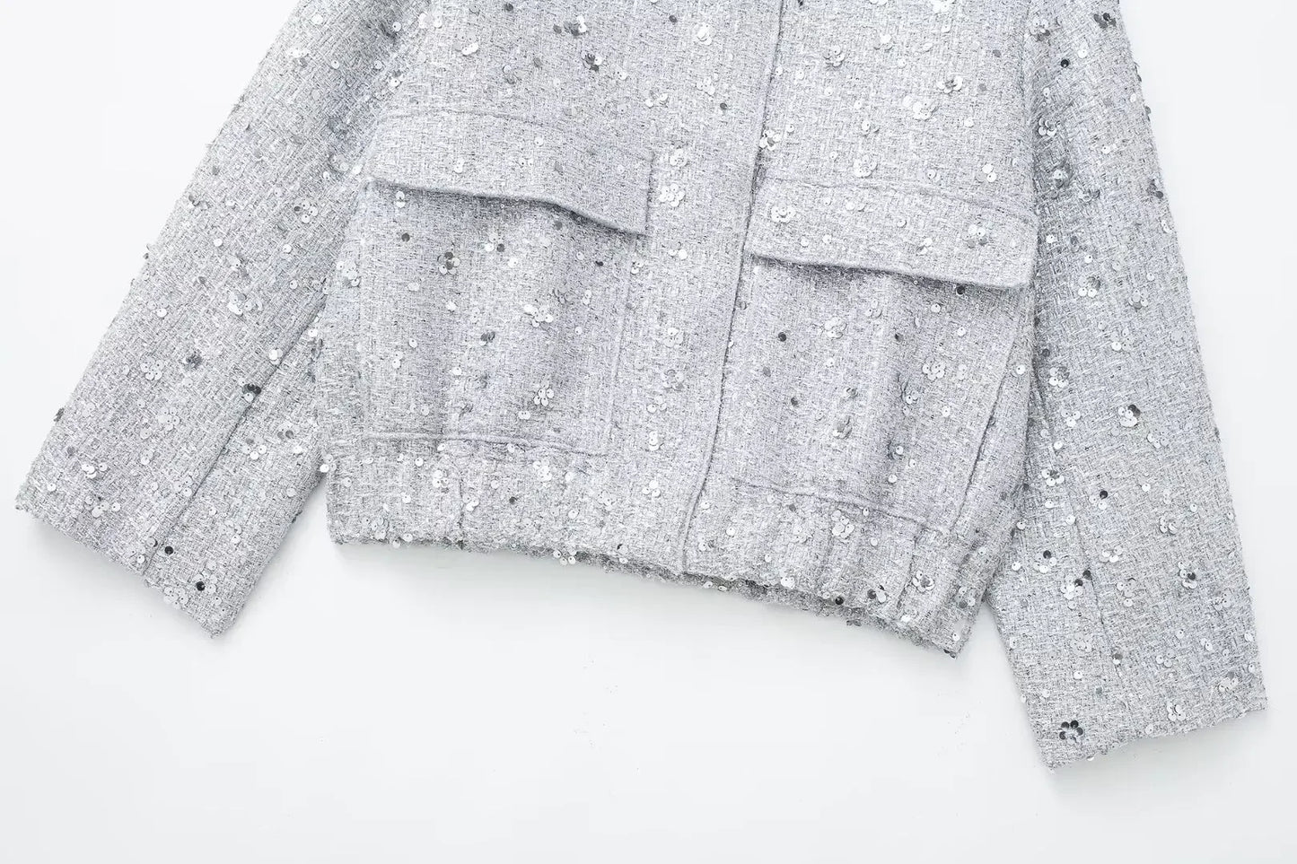 Women's Sequined Bomber Jacket Fall New Round Neck Long Sleeve Pocket Stretch Hem Sequins Jacket Coat Female Chic Outerwear