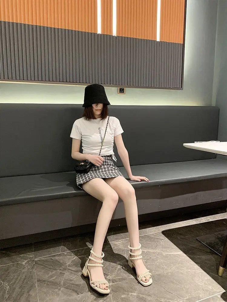 Pearl with Medium Heels Summer 2025 Women's Shoes Sandals for Woman Square Footwear Black Comfort Anti Slip Hot Vip The Best H F