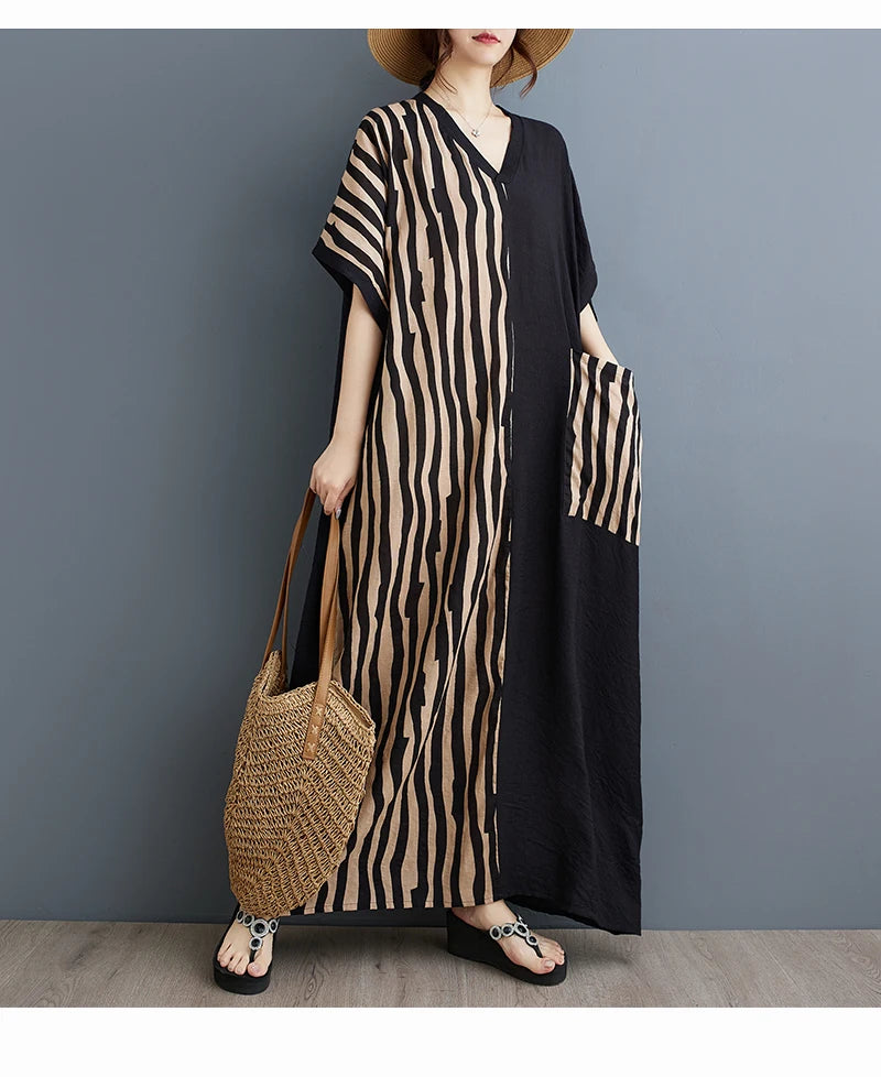 Long V-Ne ort Sve Printed Slimming Cotton Linen Dr Color Blo Casual Loose Fit Summer Faion plus Size Women