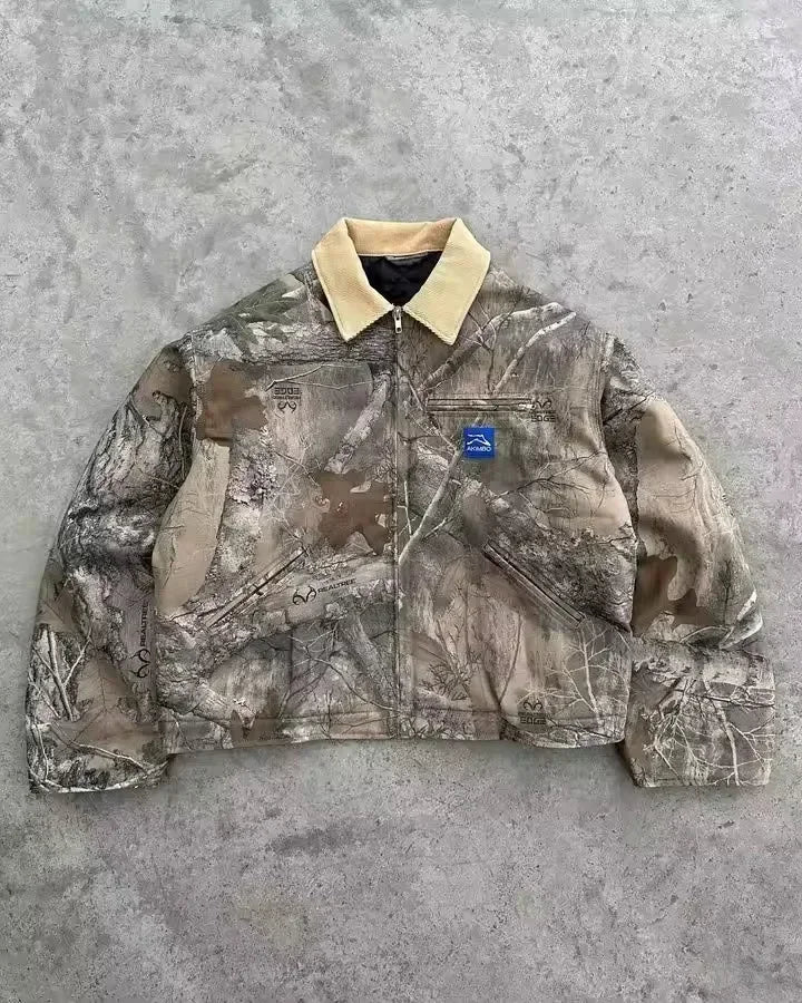 Y2K Retro Camouflage Leaf Jacket for Men and Women Harajuku Hip Hop Style Oversized Casual Coat Letter Cool Streetwear Outerwear