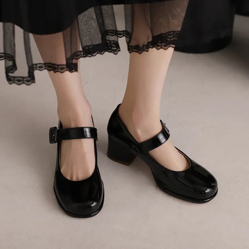 Spring Autumn Women Platform Mary Janes High Thick Heel Orange Red Patent Leather Dress Office Lady Round Toe Buckle Strap Pumps
