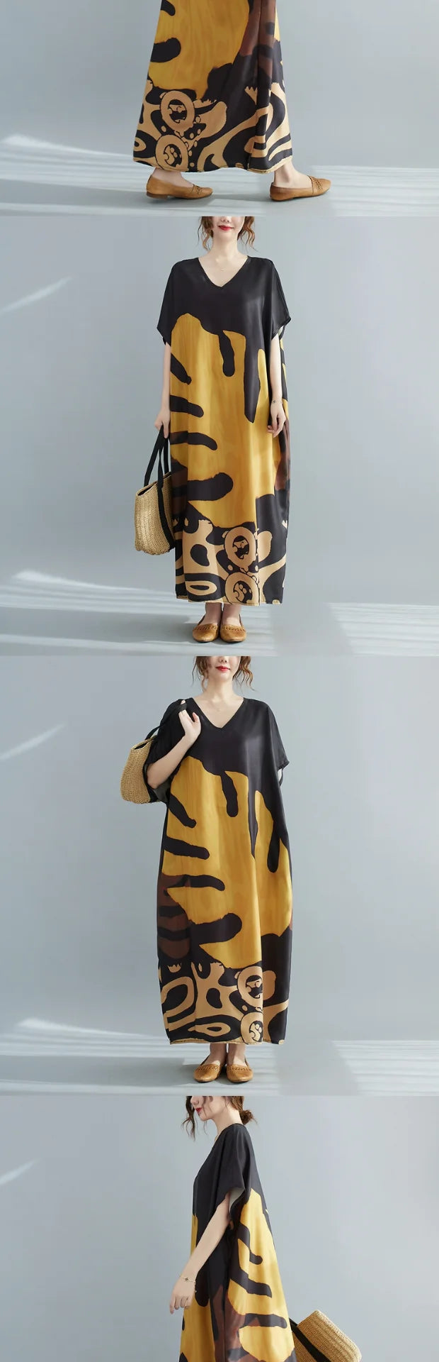 Faionable V-ne Printed Casual ort-sved Long Dr plus Size Women's New Sle  Ele Aosphere Korean Version