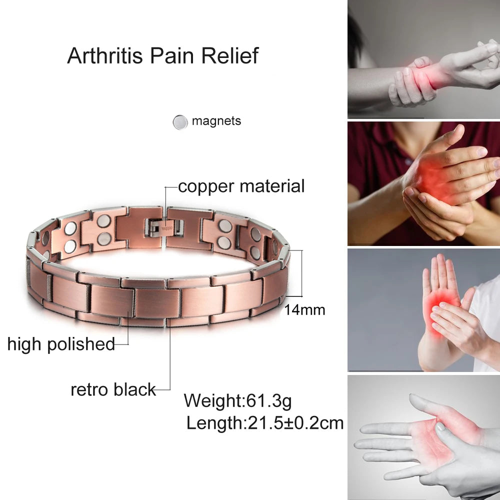 Vinterly Pure Copper Magnetic Therapy Bracelet Male 14mm Arthritis Wristband Magnet Vintage Chain Link Health Energy Jewelry