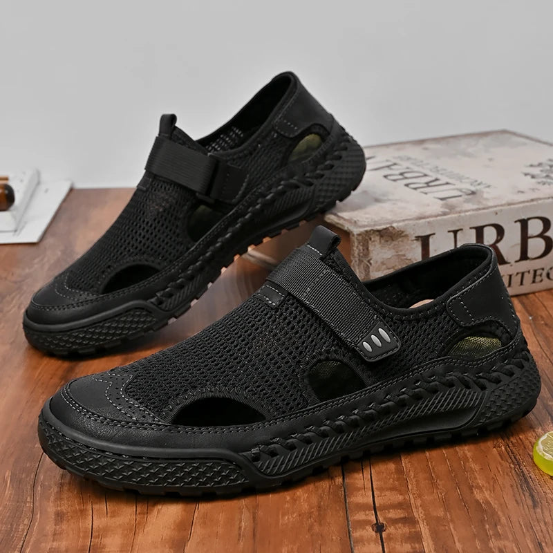 Brand Mesh Leather Men Summer Loafers Breathable Driving Shoes Moccasins Hollow Out Male Cool Lazy Shoe Leisure Walk Men Sandals