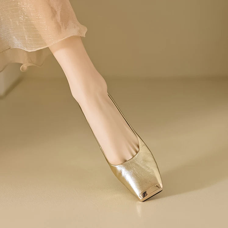 Fashion Genuine Leathe Pumps Women Metal Head Shallow Slip On Flats Office Ladies Low Heel Sheepskin Leather