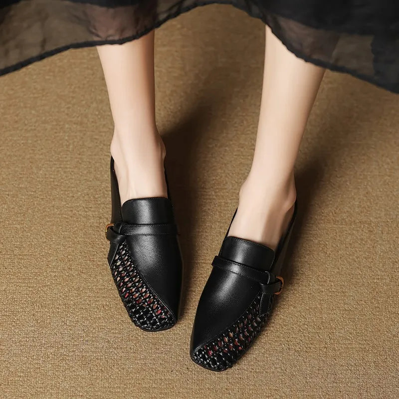 Dilalula 2025 Genuine Leather Hollow Women Mules Covered Toe Low Thick Heels Casual Slippers Ladies Summer Walk Belt Mesh Slides
