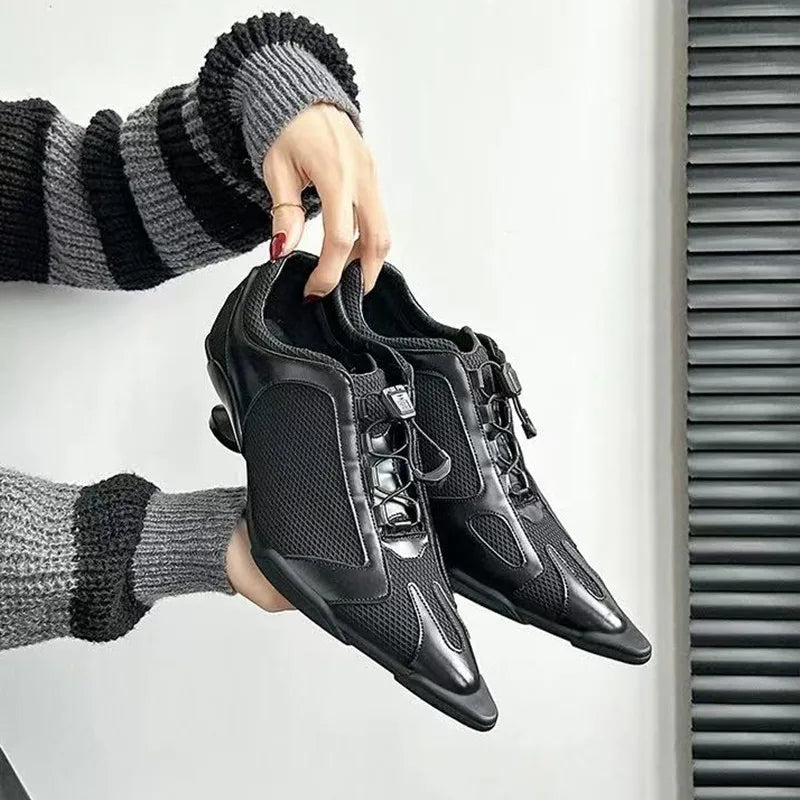 Sport Style Fashion Mixed-color Pointed toe Women Pumps Spring Autumn Breathable Mesh Strange High heels Casual Sneakers Shoes