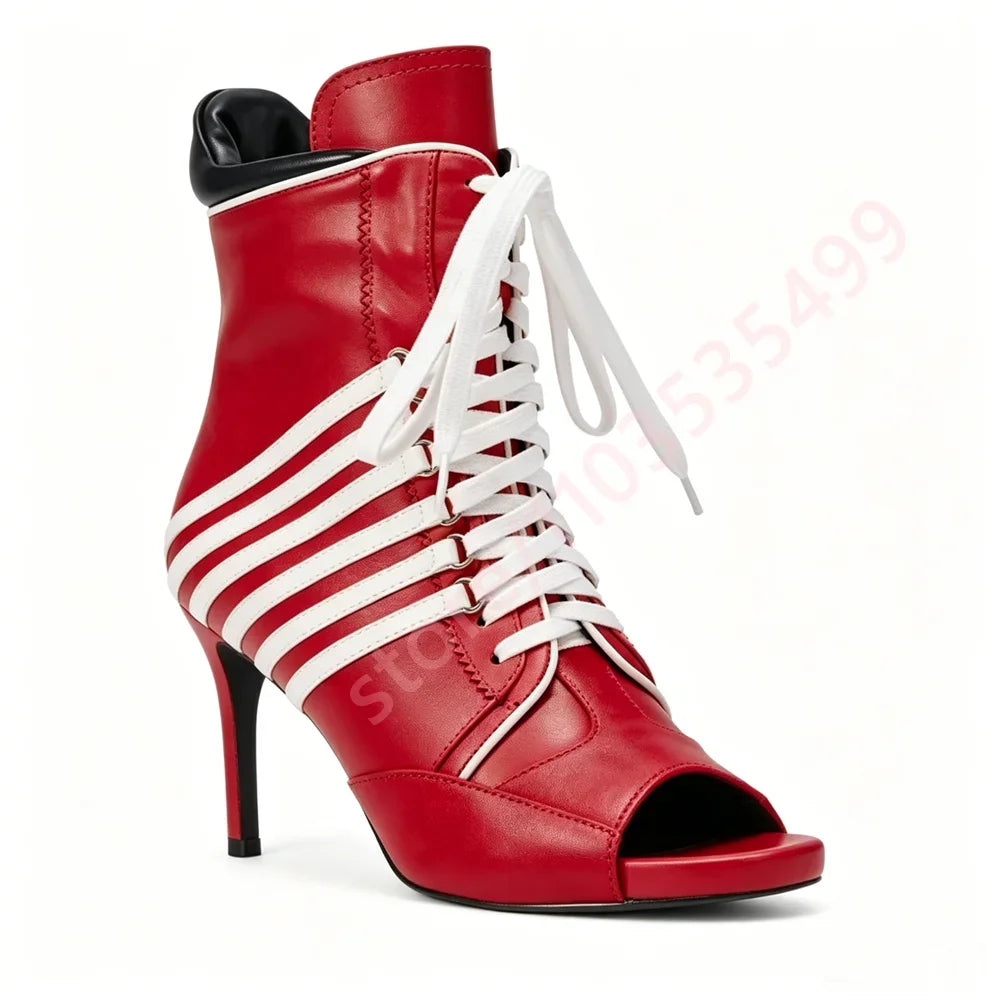2026 Striped Peep Toe Ankle Women Boots Summer New Style Front Lace Up Thin Stiletto High Heel Fashion Streetwear Booties
