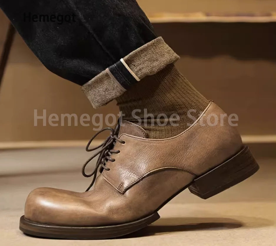 Big Round Toe Casual Shoes Low Cut Breathable Leather Shoes for Men Wear-Resistant Breathable Solid Color Handmade Men's Shoes