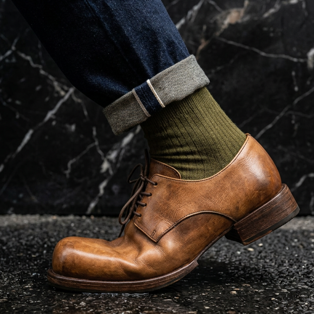 Big Round Toe Casual Shoes Low Cut Breathable Leather Shoes for Men Wear-Resistant Breathable Solid Color Handmade Men's Shoes