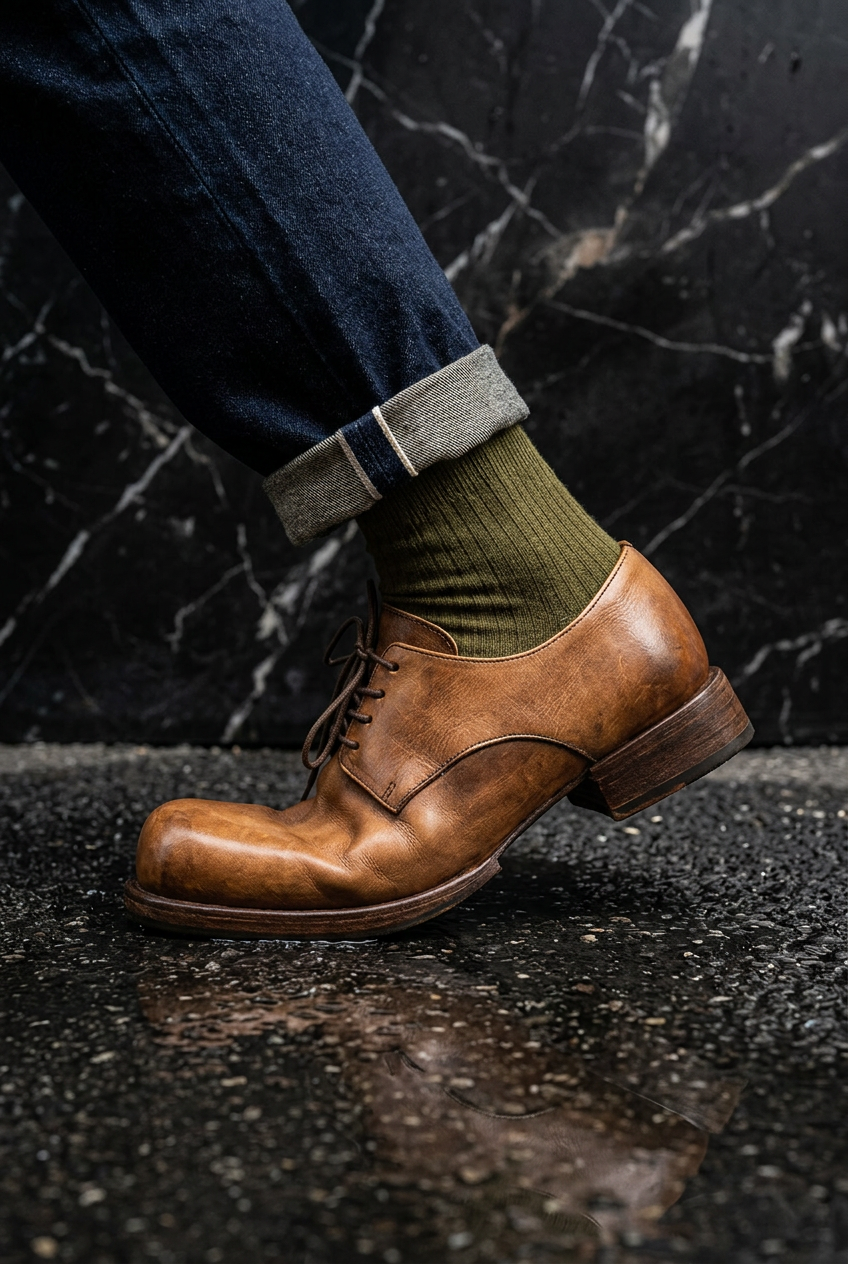 Big Round Toe Casual Shoes Low Cut Breathable Leather Shoes for Men Wear-Resistant Breathable Solid Color Handmade Men's Shoes