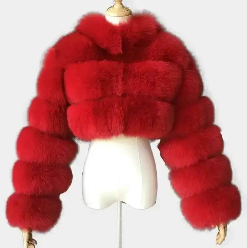 DEAT Fashion Women's Faux Fur Coat Stand Neck Long Sleeve Zipper Short Solid Color Thick Warm Jackets Winter 2024 New 7AB6434