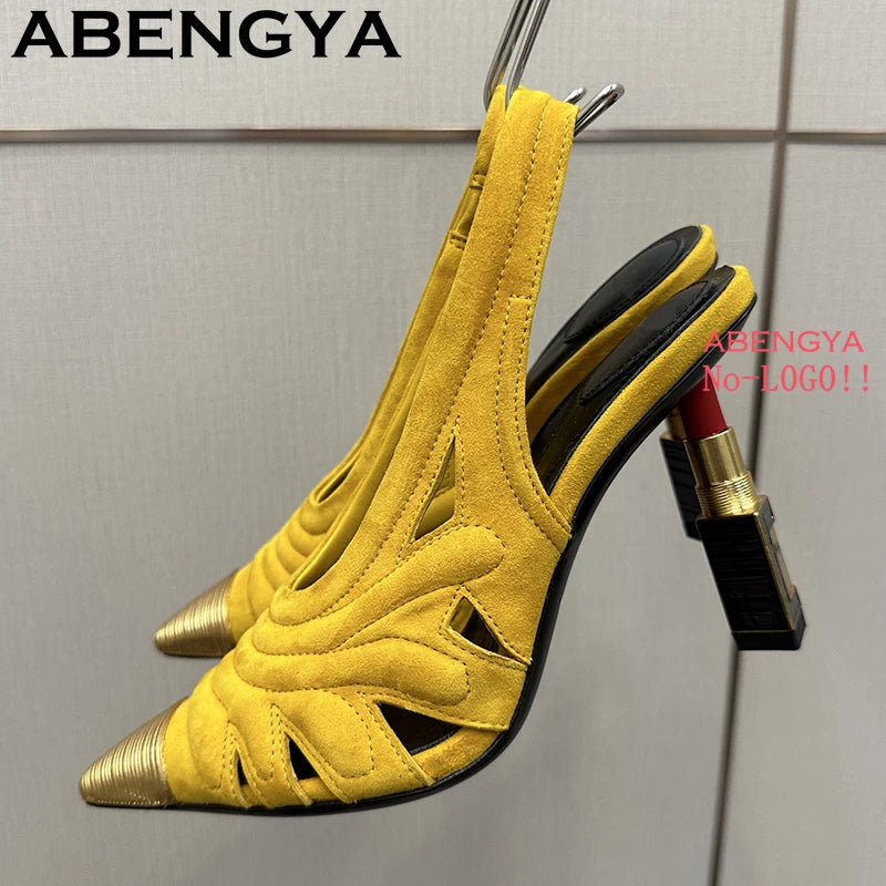 Fashion Strange High Heels Sandals Women Metal Pointy Toe Suede Slingbacks Pumps Summer Sexy Party Wedding Brides Shoes Female