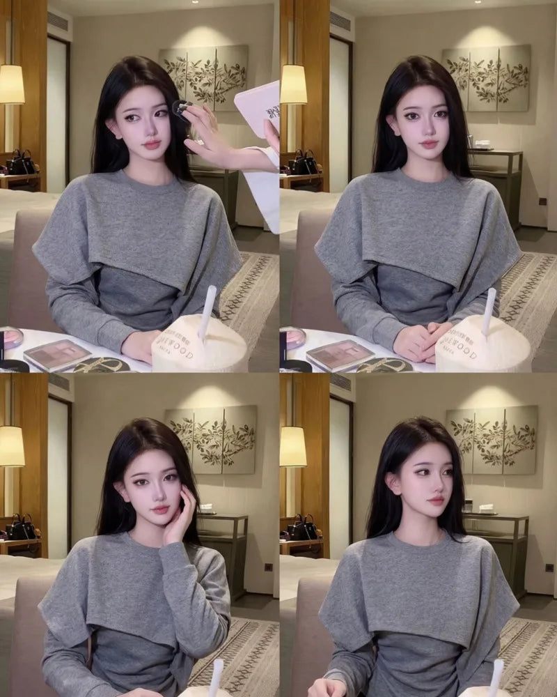 Limiguyue Spring Autumn Gray Pullover Shirts Women Daily Trendy Splice Long Sleeve Tops Loose Irregular Blouse Designer 180B