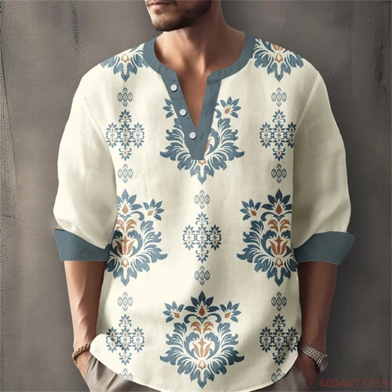 Men's Long-Sleeved Shirt for Summer Vacation, Featuring a Color-Blocked Geometric Print and Henley Collar; Stylish Men's Shirt.