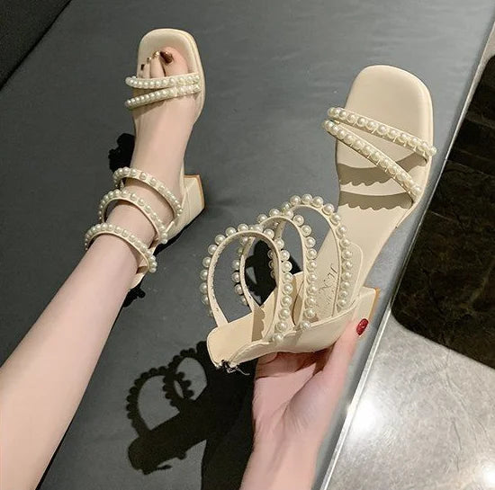 Pearl with Medium Heels Summer 2025 Women's Shoes Sandals for Woman Square Footwear Black Comfort Anti Slip Hot Vip The Best H F