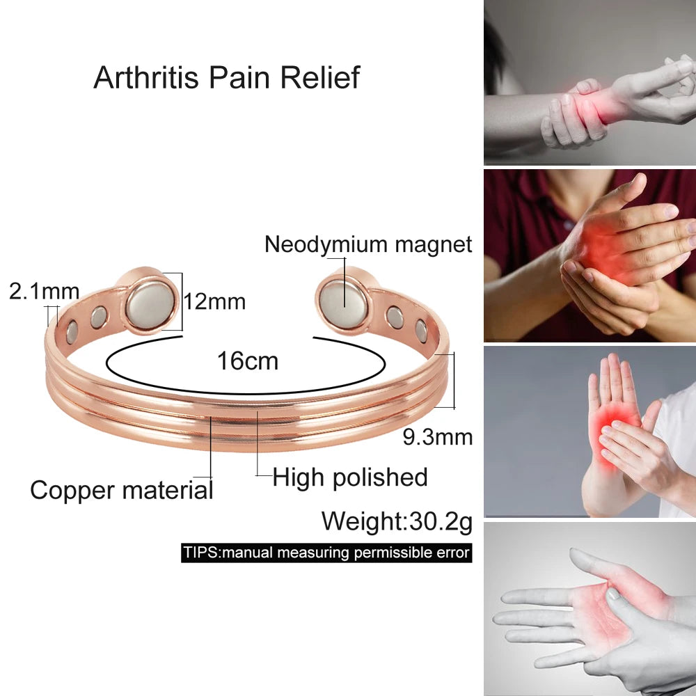 Pure Copper Bracelets for Men Women Adjustable Cuff Stripe Magnetic Bangles Arthritis Health High Magnet Metal Jewelry Resizable