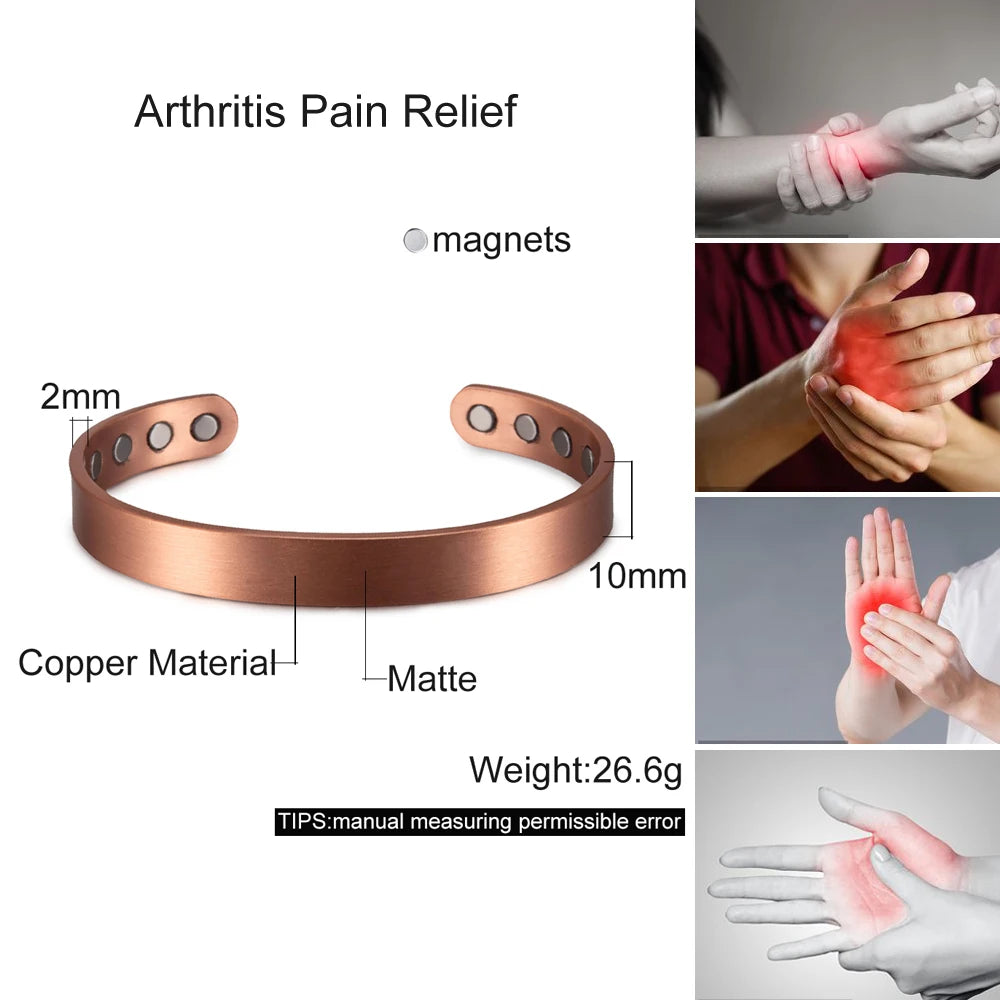 Vinterly Matte Pure Copper Bracelets Men Magnetic Arthritis Adjustable 10mm Wide Open Cuff High Magnet Energy Bangles Resizable