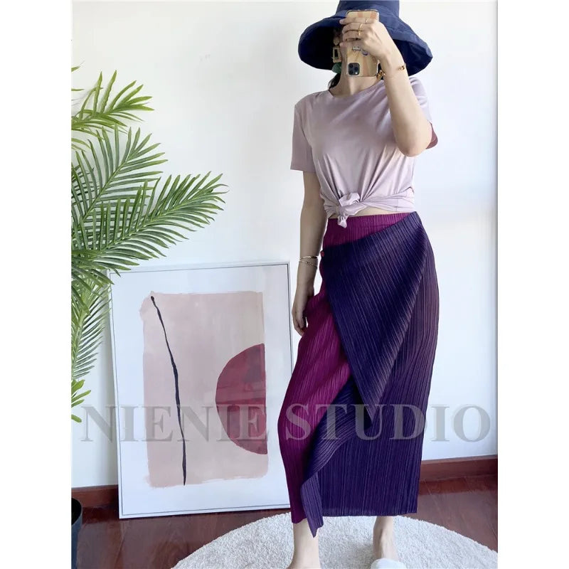 Miyake Pleated Skirt High Waist One Button Stitching Long Asymmetrical Skirt Two Piece Straight Korea Fashion Aesthetic Clothes