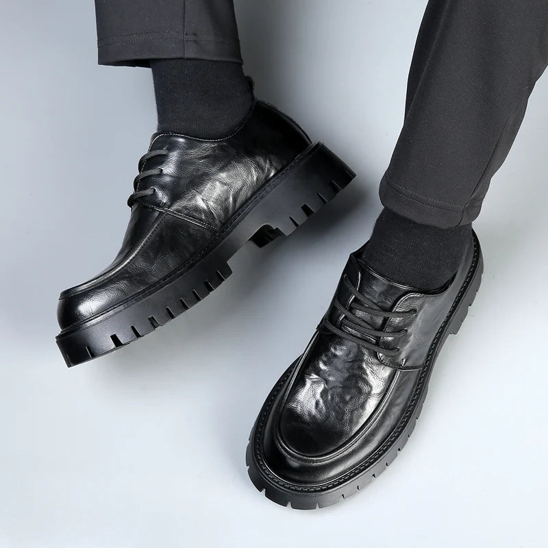 Men's Fashion Genuine Leather British Style Thick Bottom Work Shoes Classic Lace Up Comfortable Anti Slip Big Head Leather Shoes