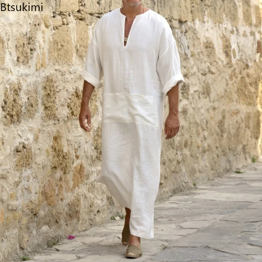 New 2026 Men Cotton Linen Long T-shirts Muslim Solid Casual Abayas Men Jubba Thobe Kaftan Arab Islamic V-neck Long Sleeve Robes