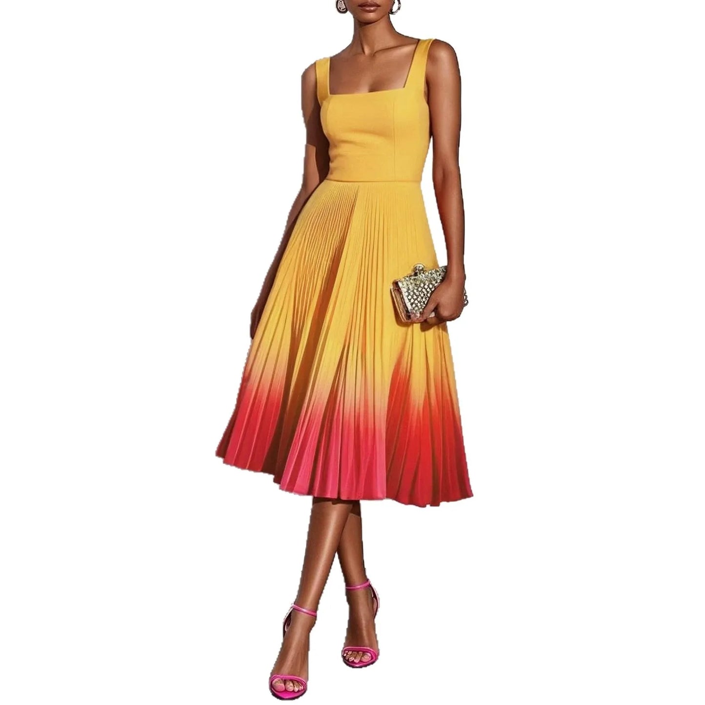 Square Neck Wide Strap Fitted Bodice Gradient Pleated Flared Midi Dress  A Line Elegant Cocktail Party Knee Length Gown