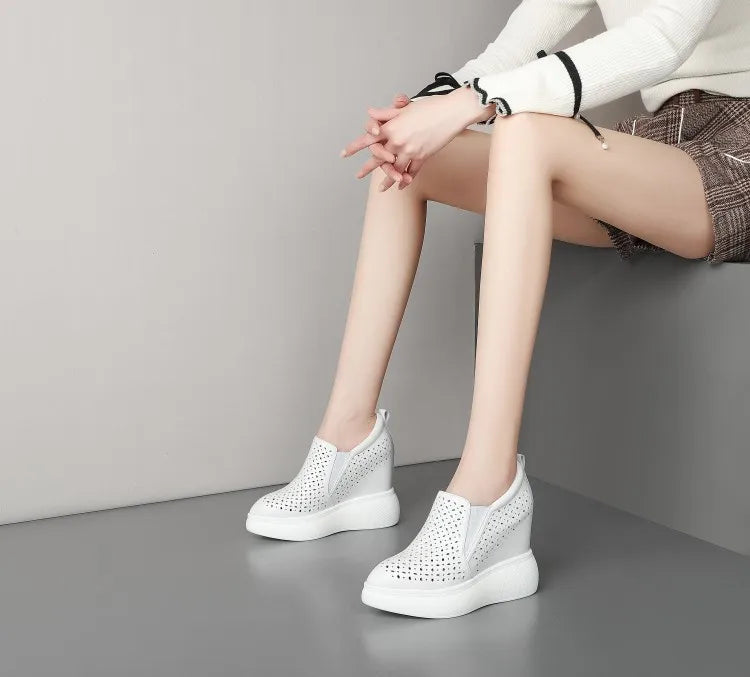 High Heels Hollow Out Shoes Casual Black White Women Sneakers Leisure Platform Shoes Slip-On Breathable Height Increasing Shoes
