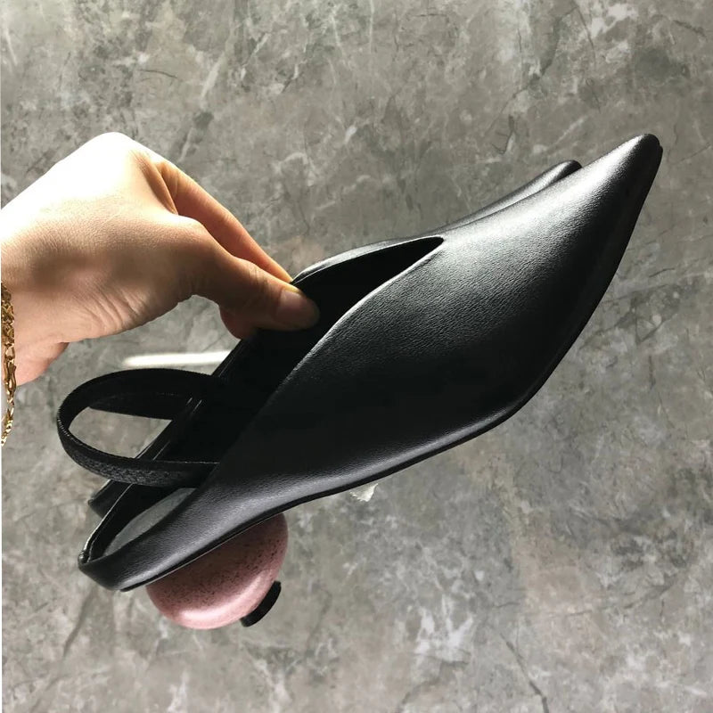 Genuine Leather Mules Women Pointed Covered Toe Med Ball Shape Heel Office Ladies Slippers Strange Heel
