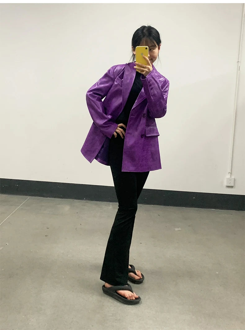 Mauroicardi Autumn Soft Luxury Matte Purple Crocodile Print Pu Leather Blazer Jacket Women Loose Casual Korean Fashion Clothes