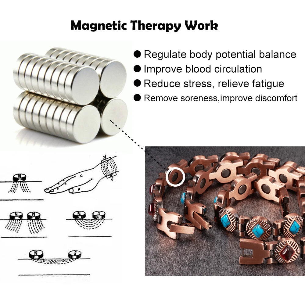 Vinterly Magnetic Bracelets Pure Copper Blue Brown Stone 22.5cm Vintage Health Energy High Magnet Jewelry Benefits Chain Links
