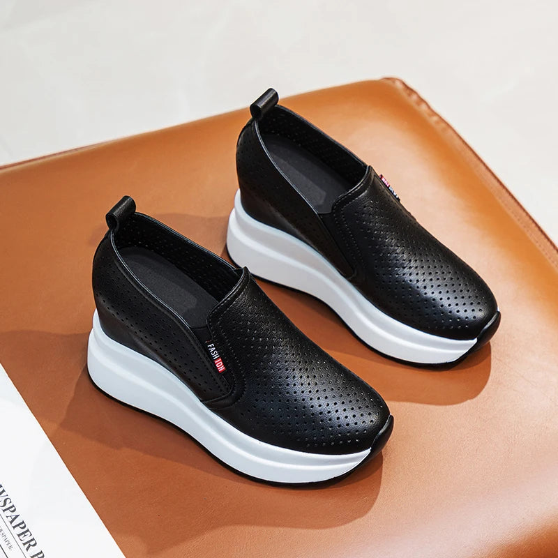 10cm Microfiber Platform Heel Wedge Shoe Sneakers Pumps White Platform Air Mesh Hollow Pumps Shoes Summer Women Zapatos de Mujer