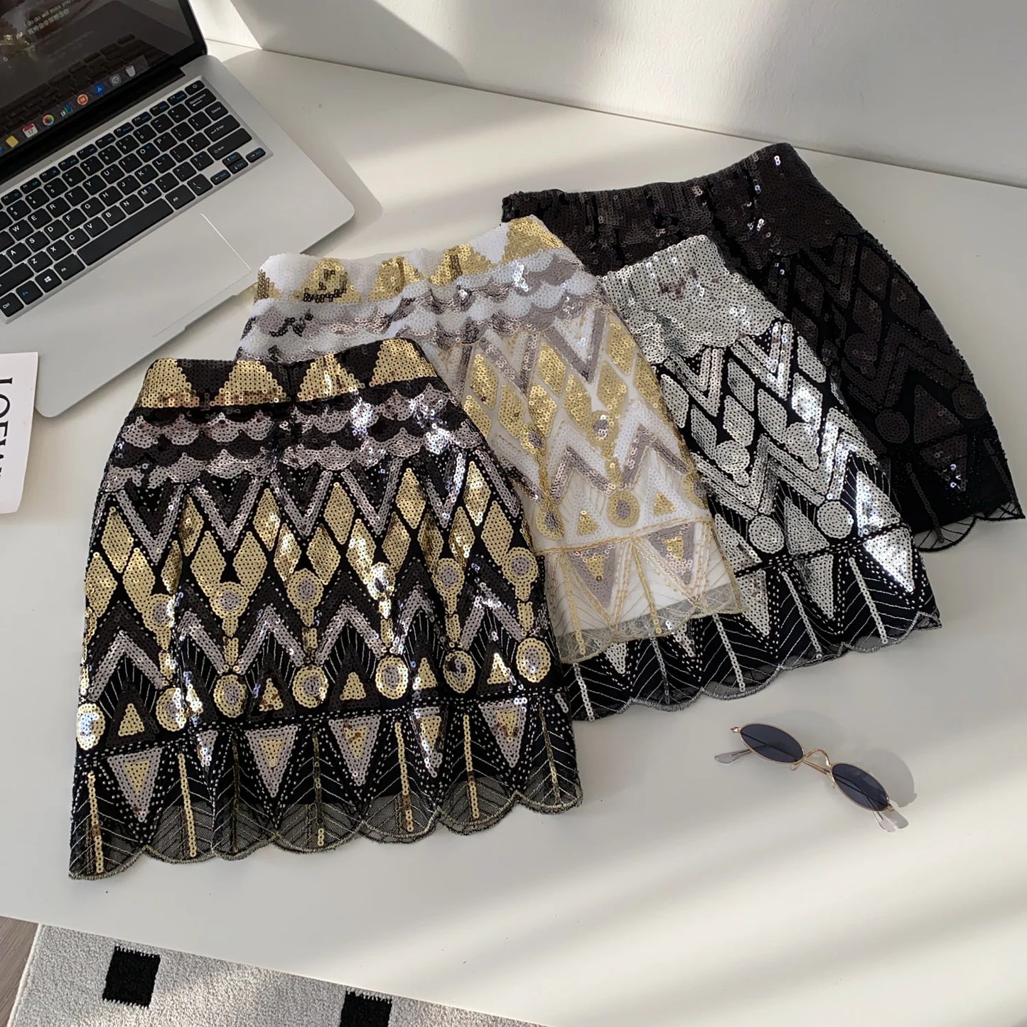 Faionable Heavy Embroidery Sequin High Waist Slim A-Line  Skirt Women's Autumn Small Fraance Sle Commute Skirt