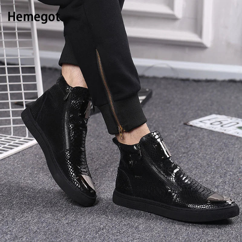 High-Top Leather Shoes Side Zipper Breathable Heightening Casual Shoes Men's Leather British Men's Fashion Boots Men's Boots
