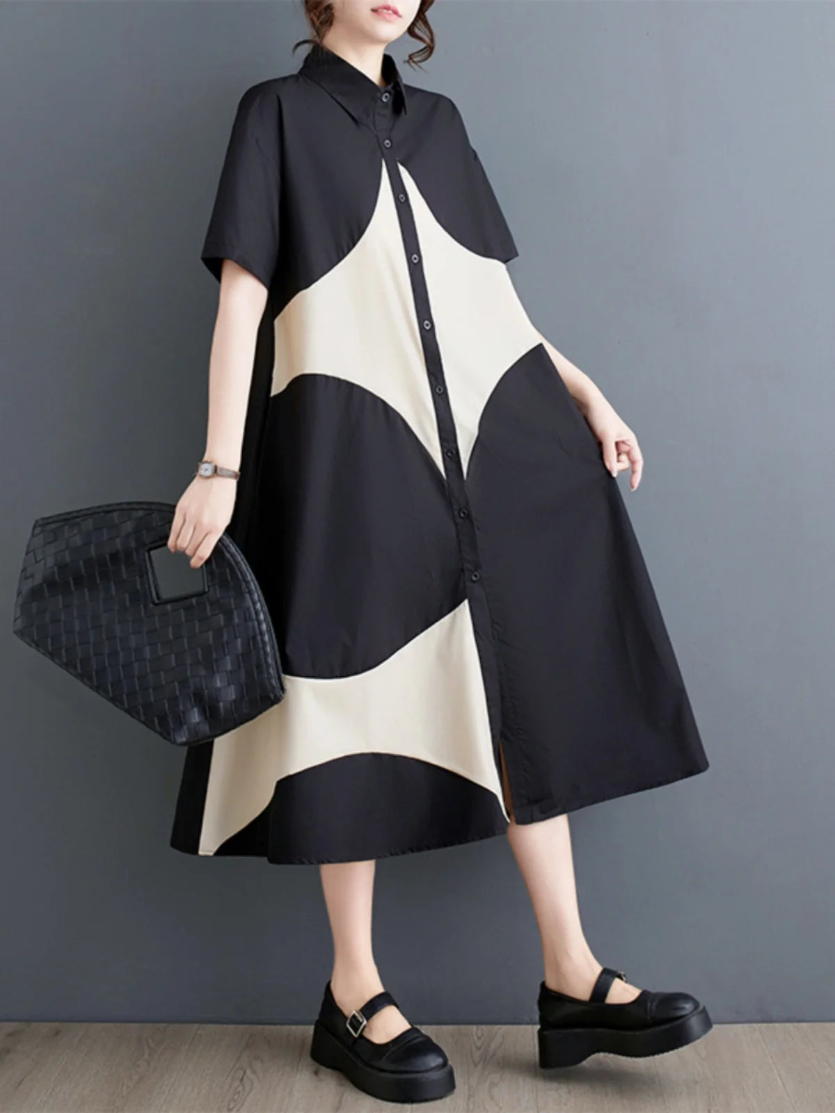 plus Size Summer Print Splice Casual Sweet ort Sve Dr Women's Loose Fit A-Line Gown f High Collar oulder Button